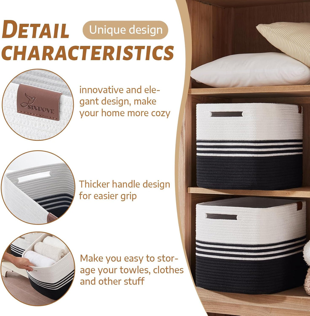 Storage Baskets, 42L*2 Pack Storage Baskets for Organizing, Laundry Basket for Closet, Cotton Rope Blanket Basket for Storage, Toy Storage Basket for Living Room, Laundry Room, Bedroom-Black