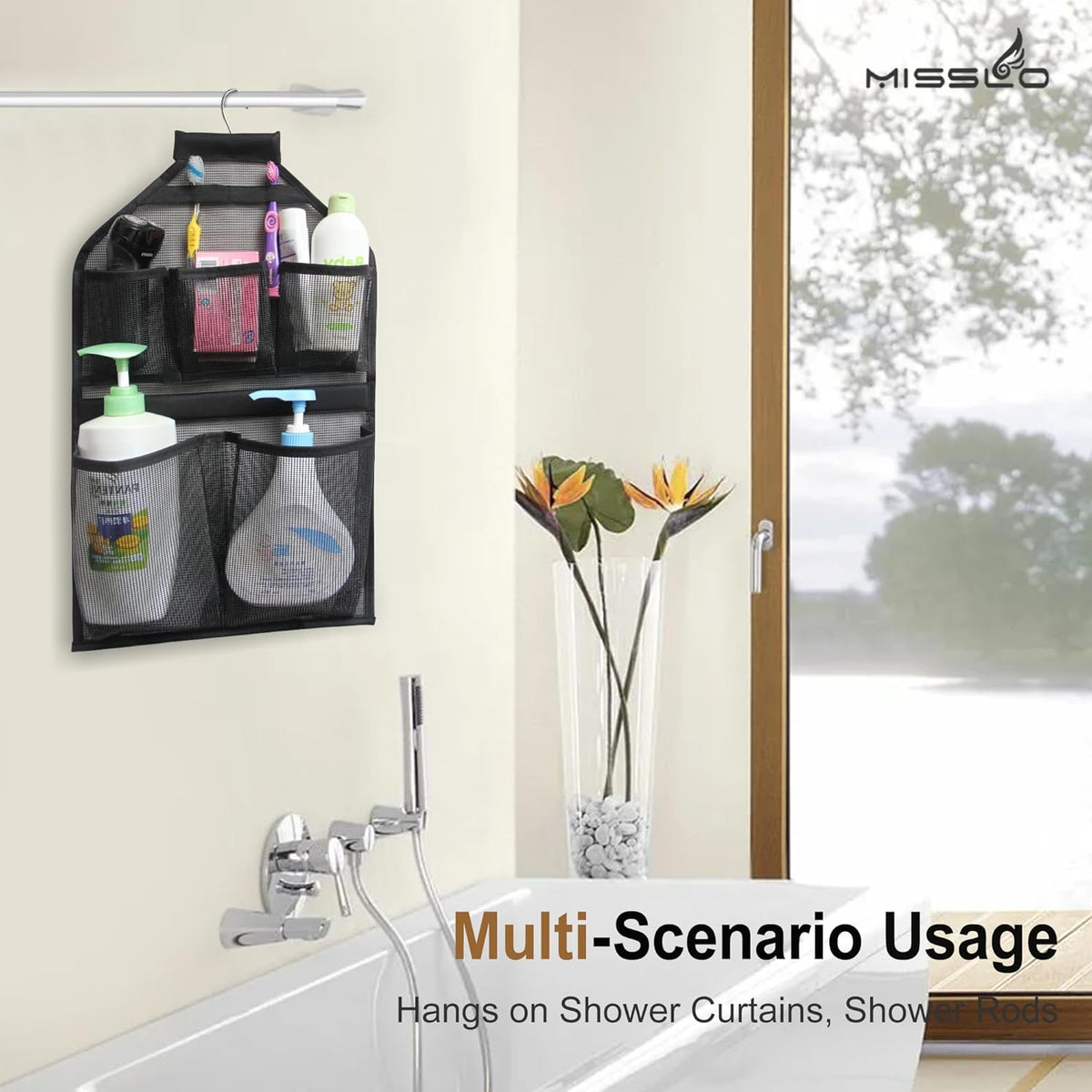 MISSLO Bathroom Shower Organizer Mesh Hanging Shower Caddy with Rotatable Hanger (Black)