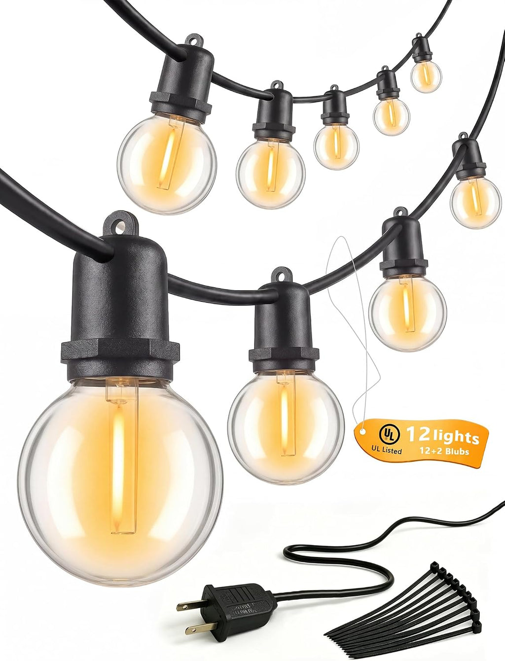 G40 LED Outdoor String Lights, 25FT, 12 Globe Bulbs, Black Wire