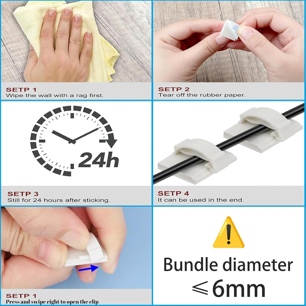 Adhesive Cable Holder Management Wire Clips 50 Pcs White，Suitable for Cables with a Diameter of ≤ 6mm in Cars, Houses, and Offices