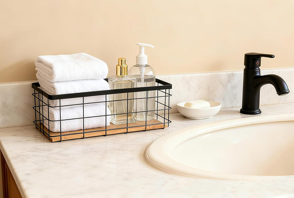 ShabbyDecor Detachable Wood Base Wire Basket tabletop or wall mount, Medium