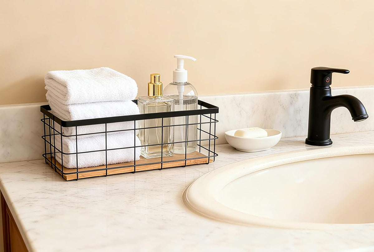 ShabbyDecor Detachable Wood Base Wire Basket tabletop or wall mount, Medium