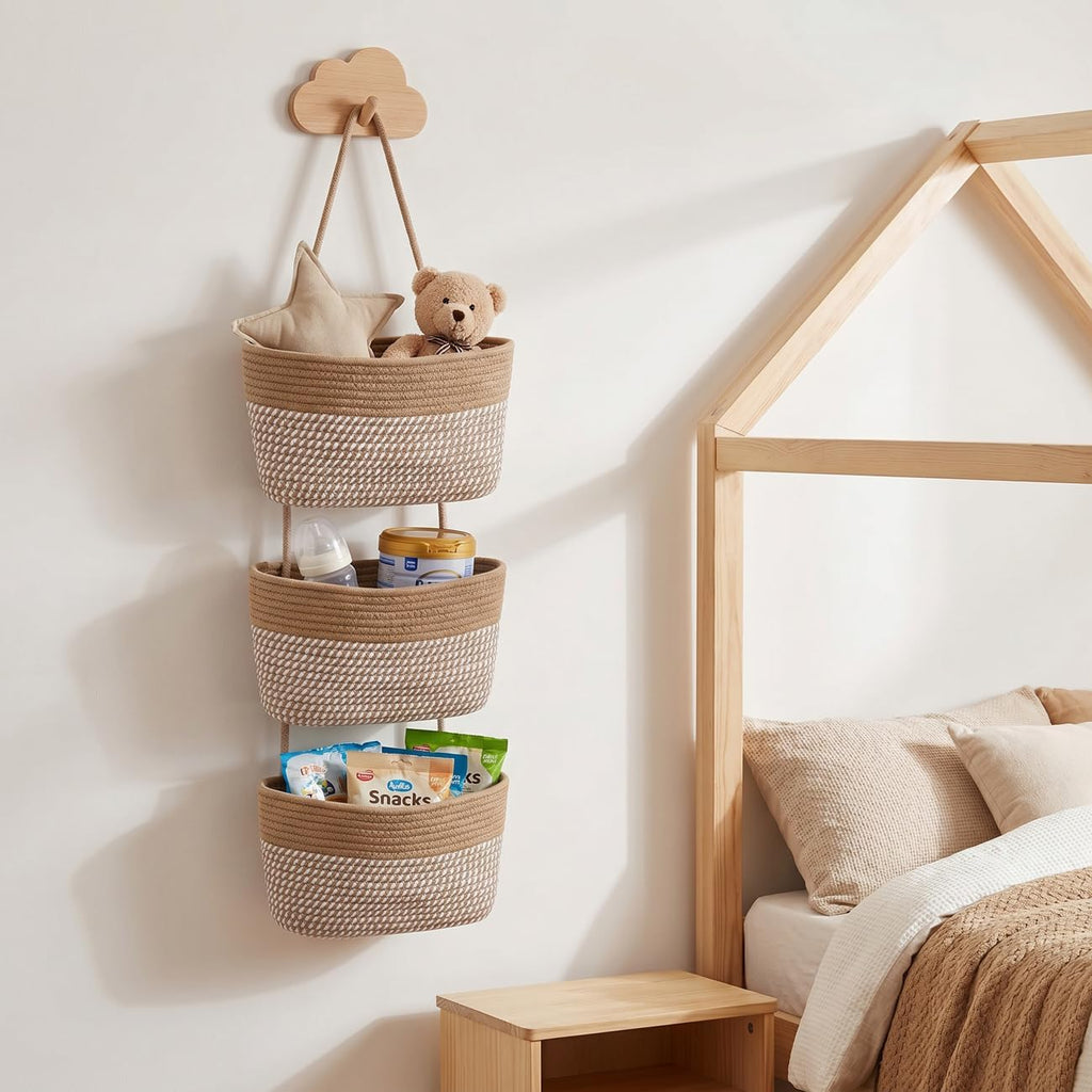 Over the Door Hanging Basket for Organizing 3 Tiers Woven Cotton Rope Wall Mount Storage basket Decorative Kitchen Hanging Organizer Bathroom include 1 door hook Flaxen Stripe