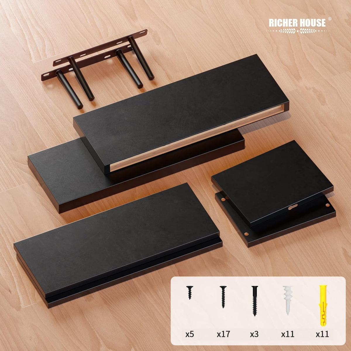 RICHER HOUSE 3-Set Black Floating Wall Shelves, Bathroom Shelf Over Toilet