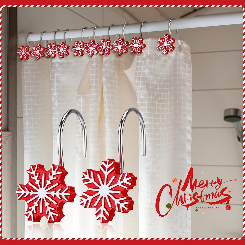 CroBlissful 12 Pcs Christmas Winter Snowflake Shower Curtain Hooks 2 Styles Snowflakes Curtain Hangers Hooks Red White Winter Decorative Rings for Bathroom Restroom Rods Wall Decor