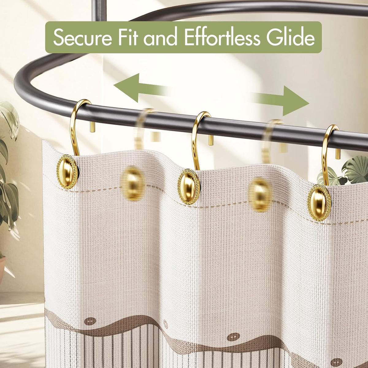 AmazerBath Gold Shower Curtain Hooks, 12PCS Rust Proof Shower Curtain Rings, Decorative Modern Shower Curtain Hangers, Elliptical Heavy Duty Design Convenient for Bathroom Kitchen Wardrobe