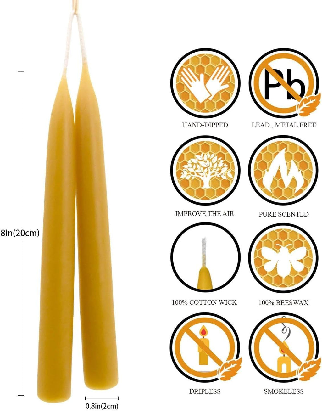 DEYBBY Beeswax Taper Candles, 8 Inch, Unscented, Natural, 18 Pack