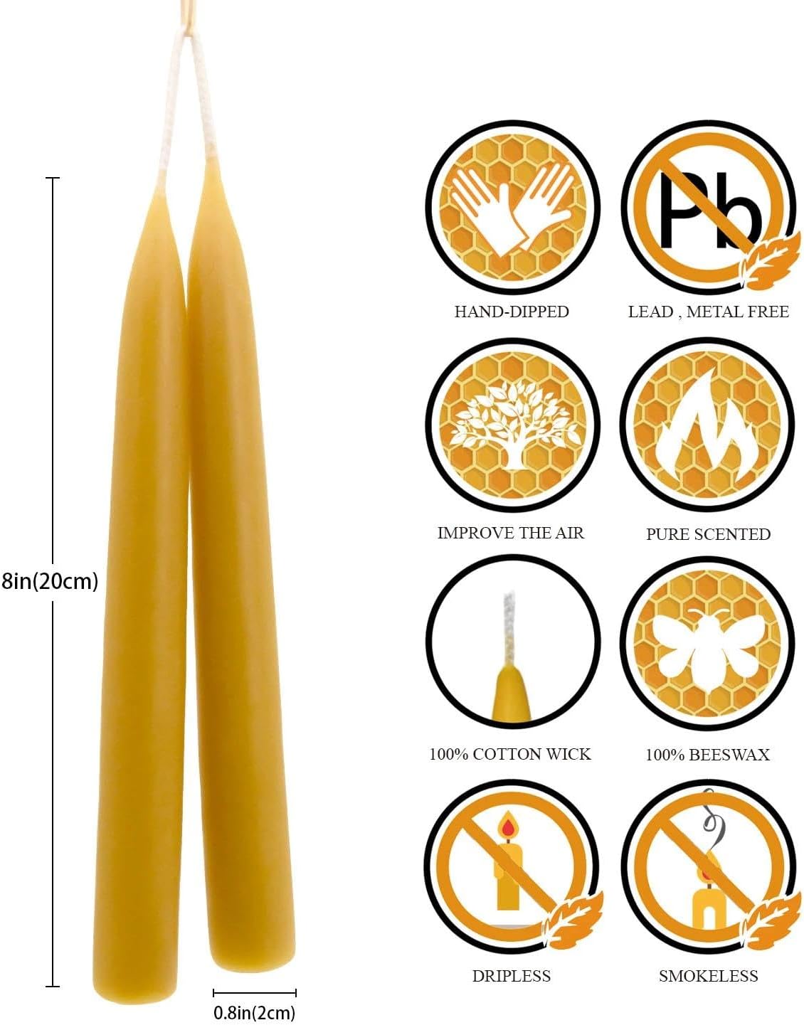 DEYBBY Beeswax Taper Candles, 8 Inch, Unscented, Natural, 18 Pack