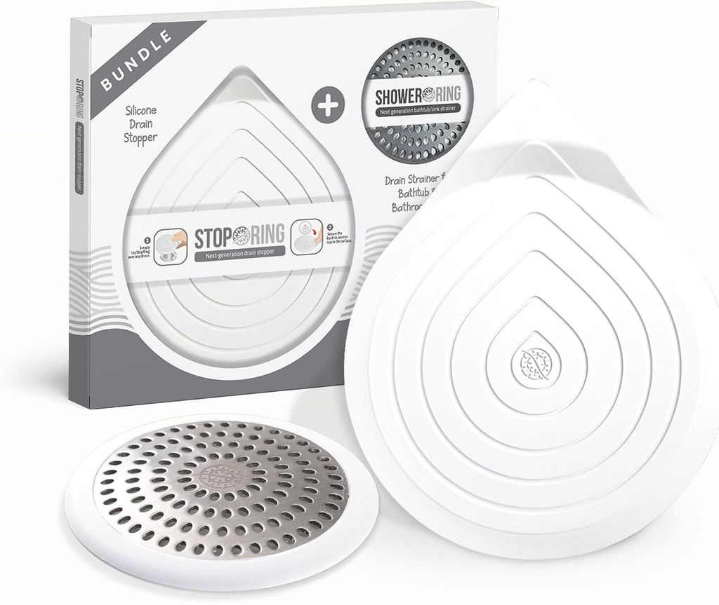 Drain Hair Catcher & Stopper Combo – Tub ShowerRing + StopRing Set for Bathtub & Sink | Stainless Steel Strainer + Silicone Drain Plug | Clog-Free, Universal Fit (White, 2 Pack)
