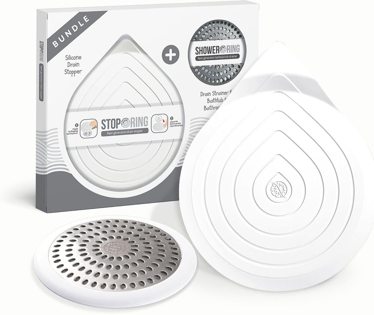 Drain Hair Catcher & Stopper Combo – Tub ShowerRing + StopRing Set for Bathtub & Sink | Stainless Steel Strainer + Silicone Drain Plug | Clog-Free, Universal Fit (White, 2 Pack)