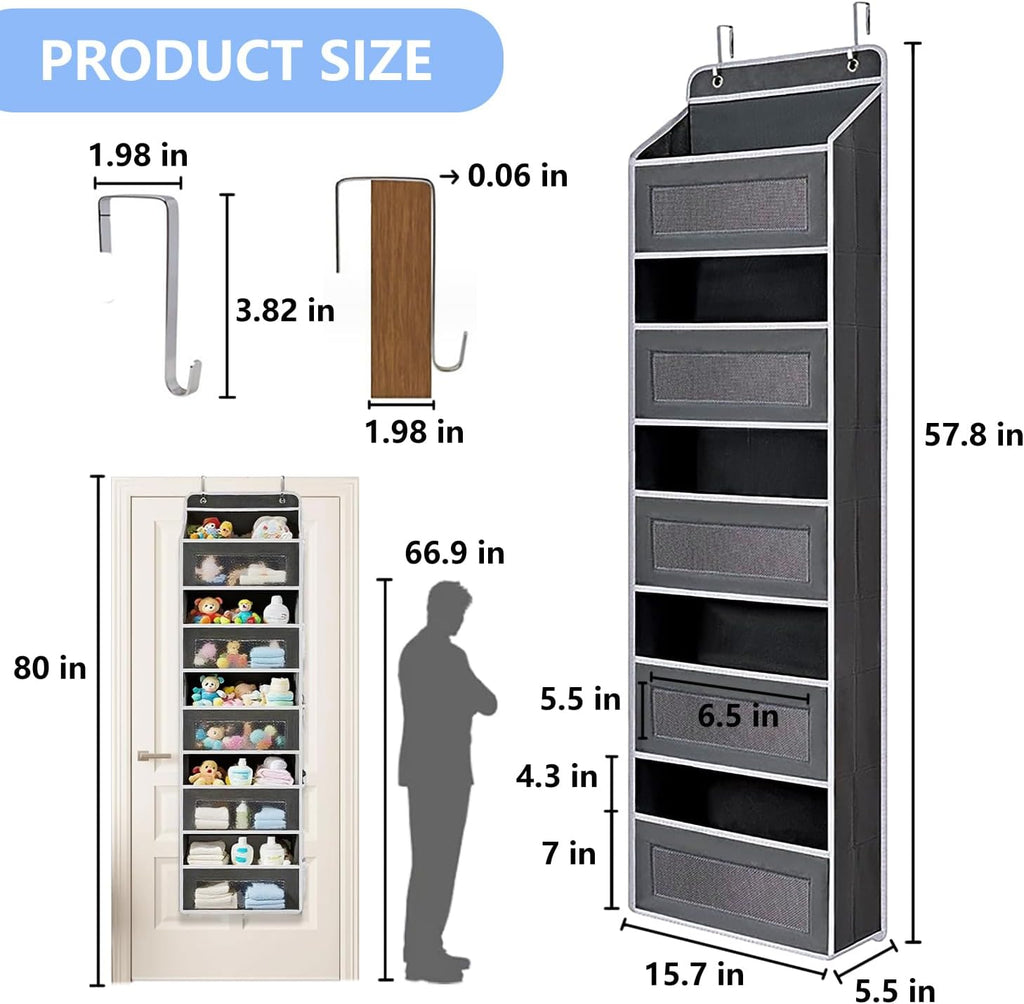 Over the Door Organizer with 5 Front Pockets and 5 Mesh Side Pockets, Extra Large Hanging Organizer for Storage in Bedroom, Bathroom, Pantry, Nursery, Black
