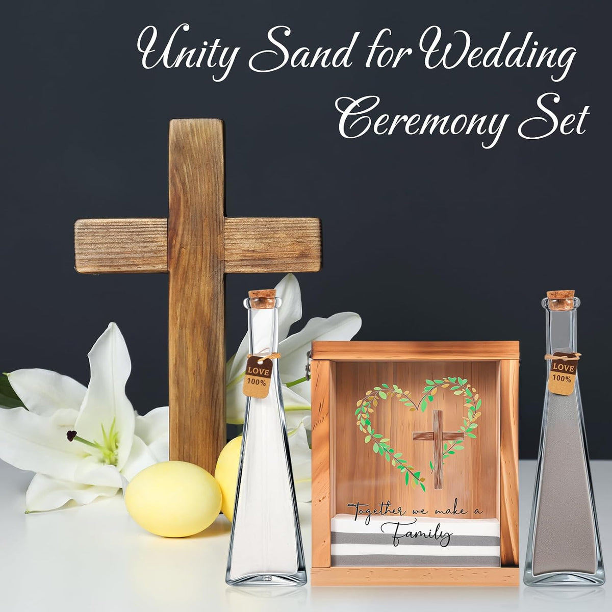 Blosssound Unity Sand Ceremony Set, Love Family Shadow Box, White Gray