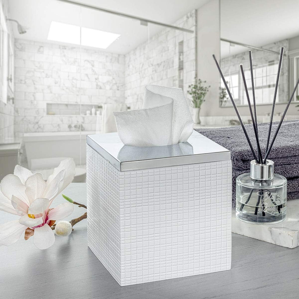 Estella White Square Resin Tissue Box Cover with Silver Top