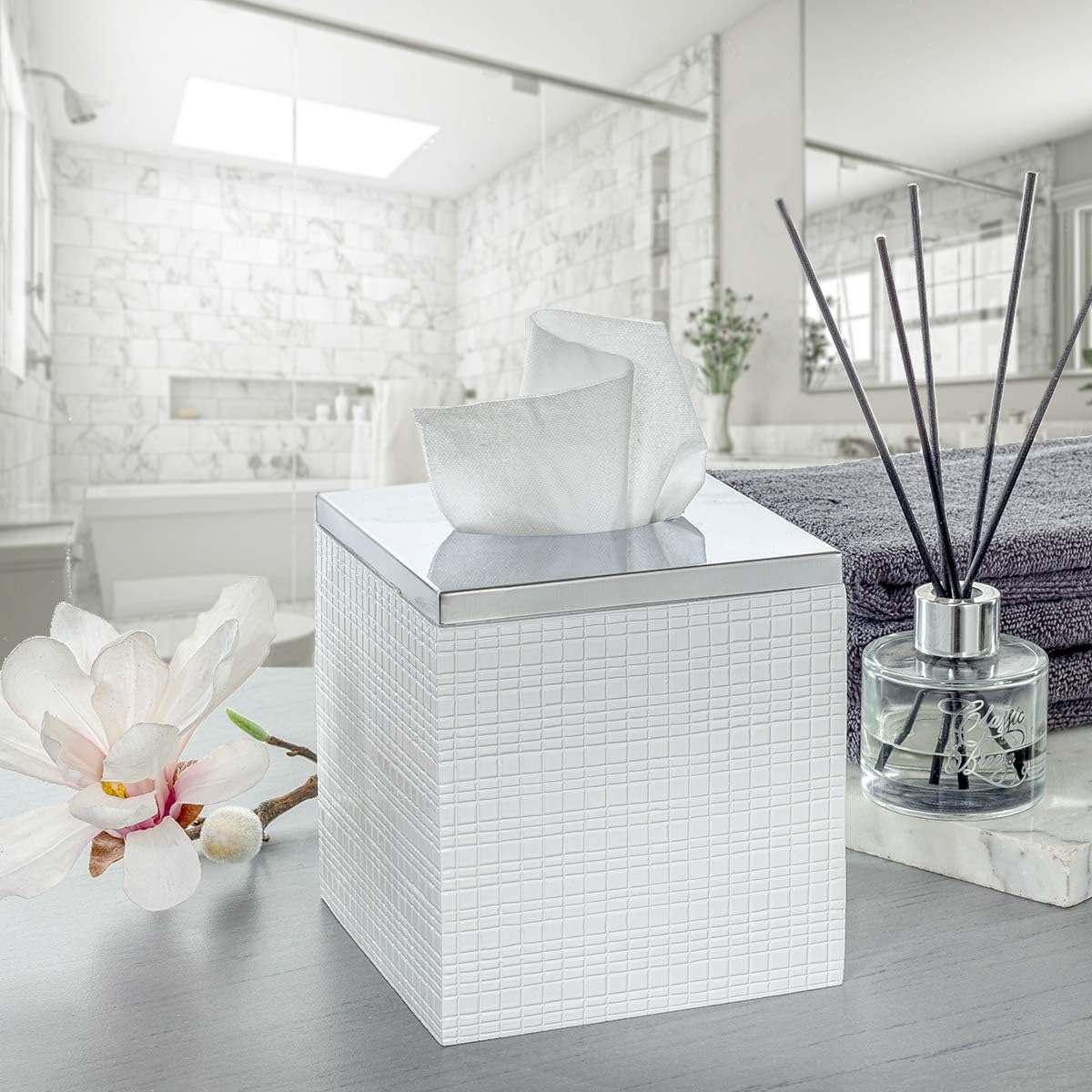 Estella White Square Resin Tissue Box Cover with Silver Top