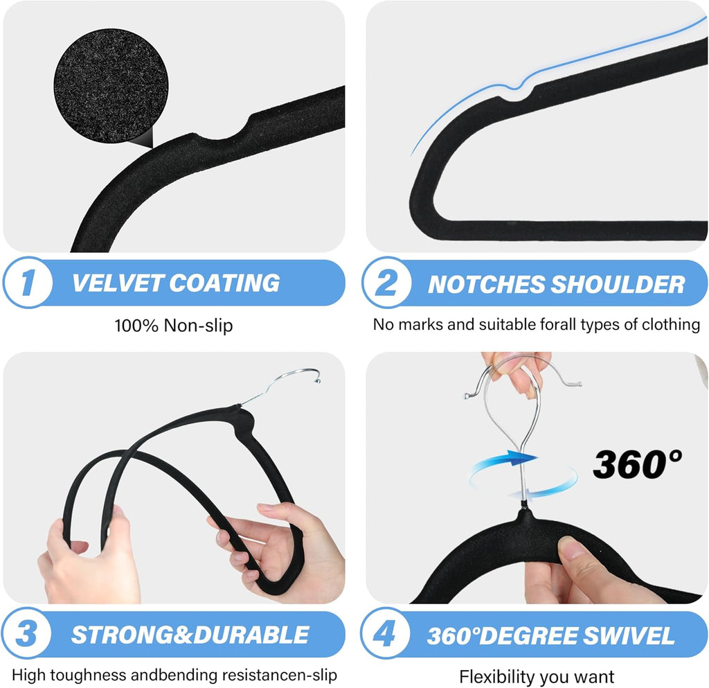 YSSOA Velvet Hangers 60 Pack, Non-Slip Clothes Hangers with Shoulder Notches, 360° Swivel Hooks, Heavy Duty Standard Hangers for Closet Space Saving, Black