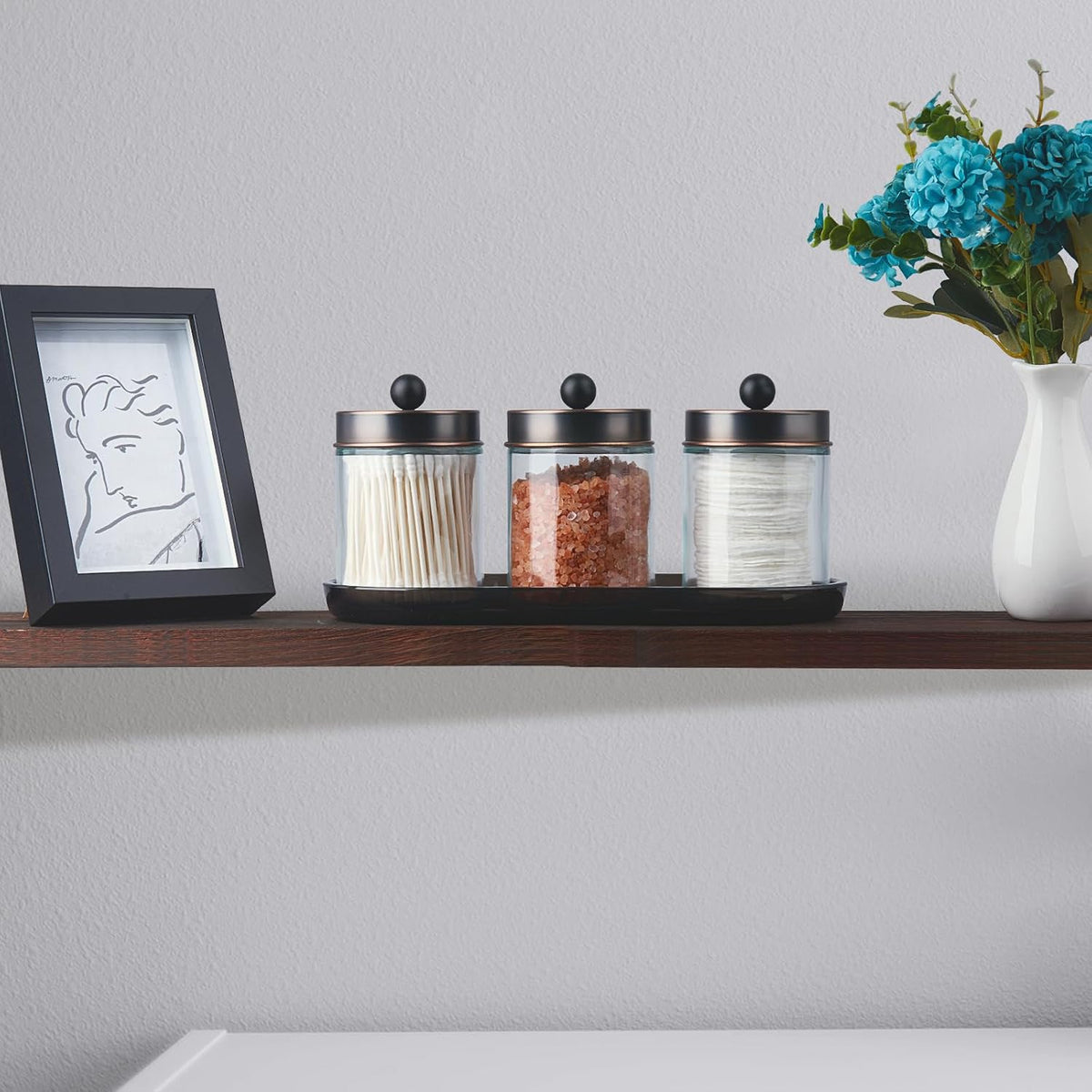 SheeChung 3 Pack Glass Apothecary Jars with Acrylic Vanity Tray