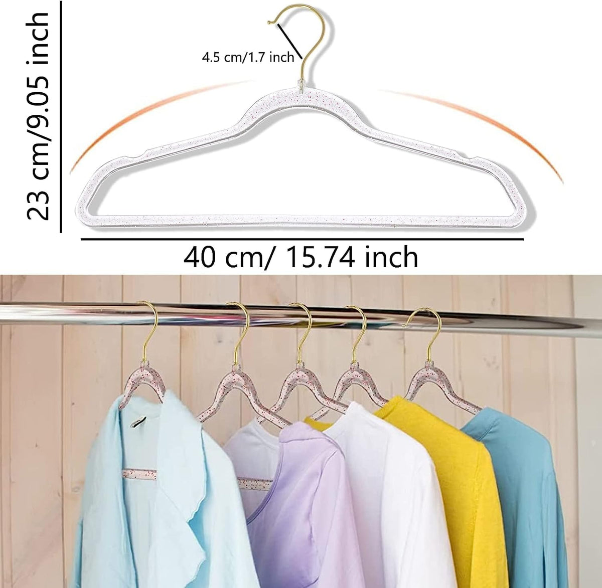 Pink Clothes Hangers 16", 40 Pack Plastic Clear Coat Hanger for Adult Closet, Durable Bling Ganchos de Ropa with Swivel Hook, Notched Shoulders & Ultra-Thin Space Saving Laundry Hanger for Dress Suits
