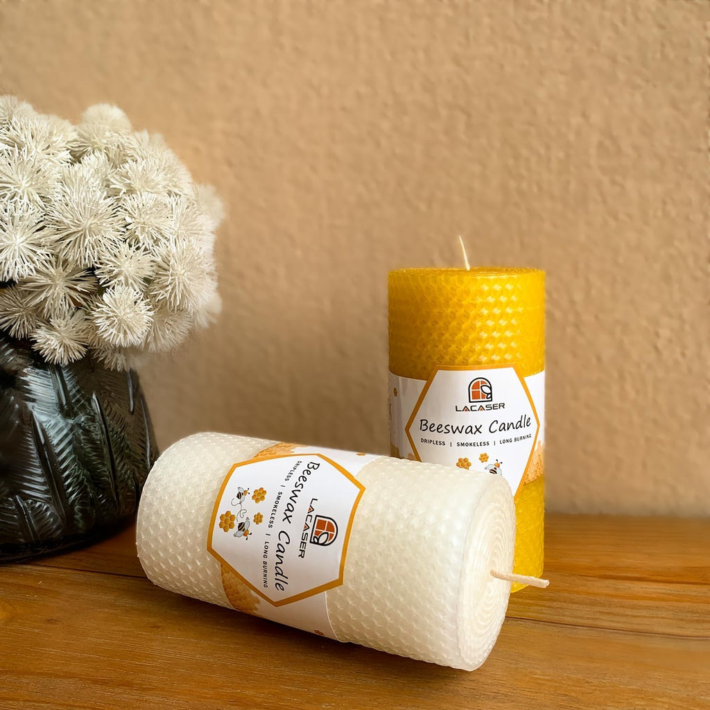 Large Beeswax Pillar Candles, Size 3"x6", Natural Bees Wax Candle Sheet Handrolled for Home, Unscented & Smokeless, 40 Hour Burn Time, White