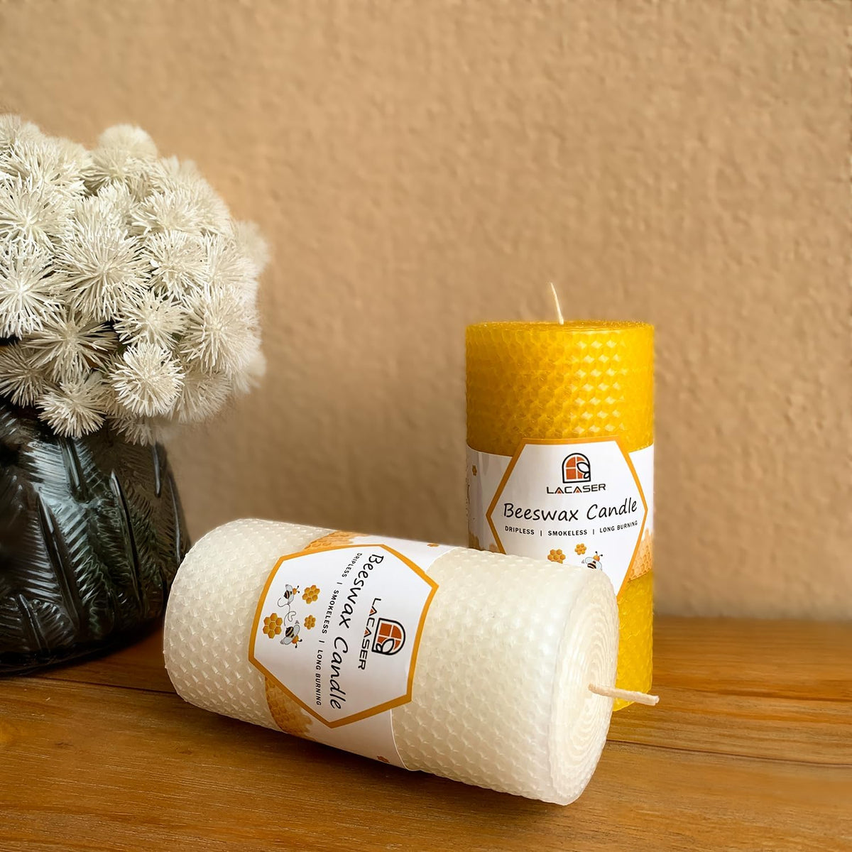 Large Beeswax Pillar Candles, Size 3"x6", Natural Bees Wax Candle Sheet Handrolled for Home, Unscented & Smokeless, 40 Hour Burn Time, White