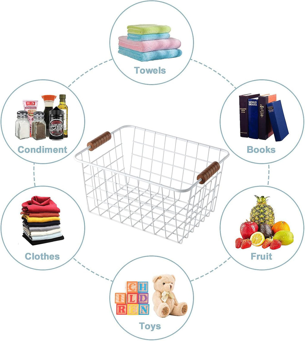 JUNCHU CHERRY Wire Kitchen Storage Basket 2 Packs,Perfect Pantry Organization Accessories Baskets,Laundry Basket,With a Wooden Handle,Suitable for Kitchen,Bathroom,Bedroom,Tabletop,Stackable,White
