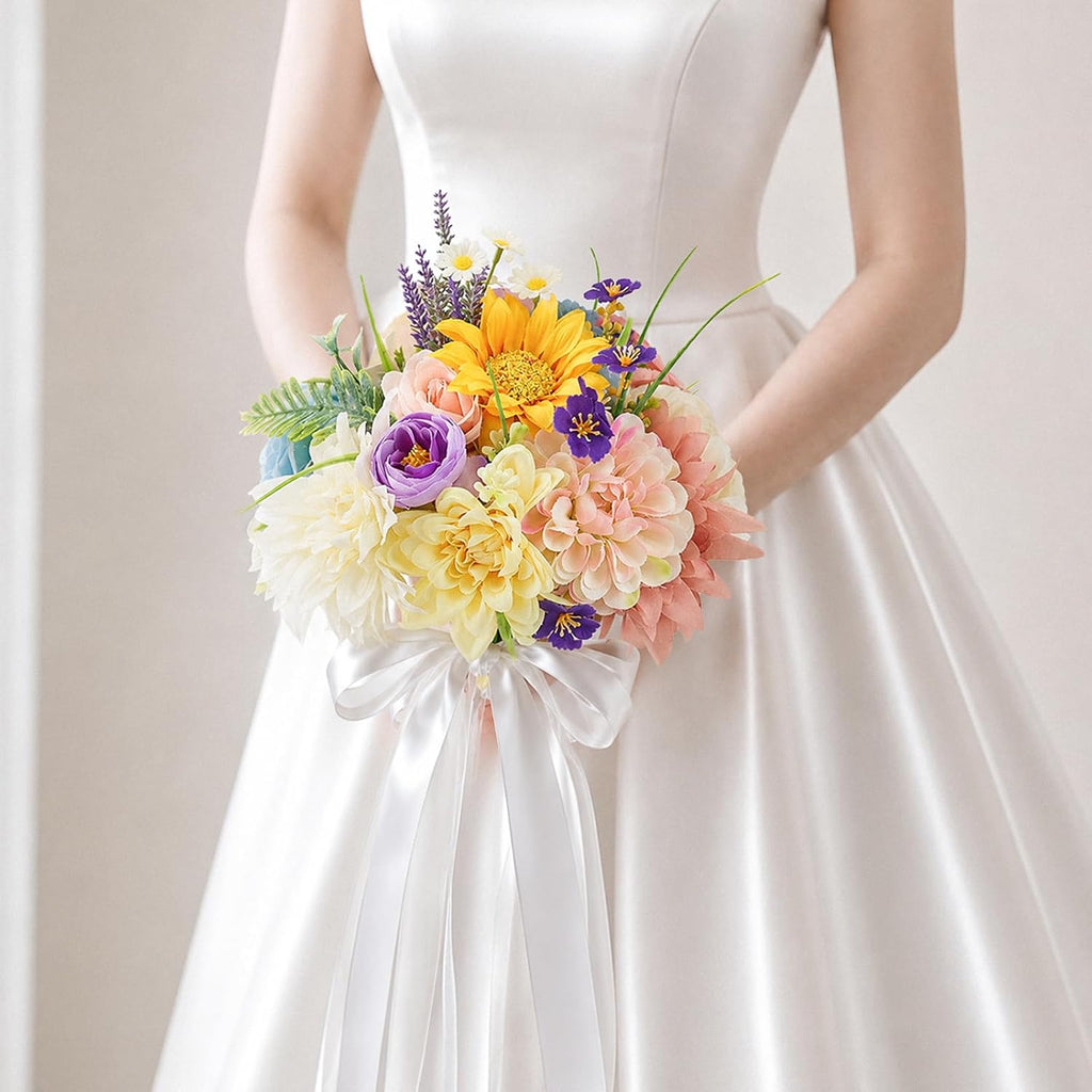 Wedding Bouquets for Bride Bridesmaid 8.5 Inch Pre-Made Spring Artificial Roses Flowers Bridal Bouquets for Bride Vintage Wedding Marriage Proposal Party Church Decoration