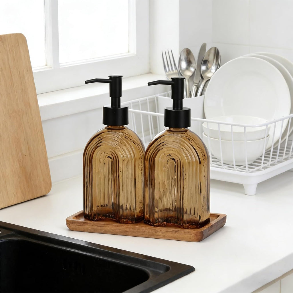 Glass Soap Dispenser Set with Wooden Tray, 11.6Oz Refillable Liquid Modern Soap Dispenser with Plastic Pump for Hand and Dish Set for Bathroom Countertop Decor (Amber)