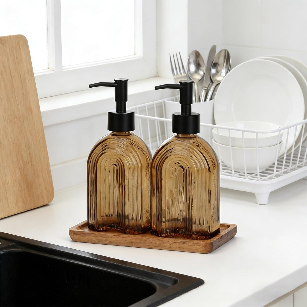Glass Soap Dispenser Set with Wooden Tray, 11.6Oz Refillable Liquid Modern Soap Dispenser with Plastic Pump for Hand and Dish Set for Bathroom Countertop Decor (Amber)
