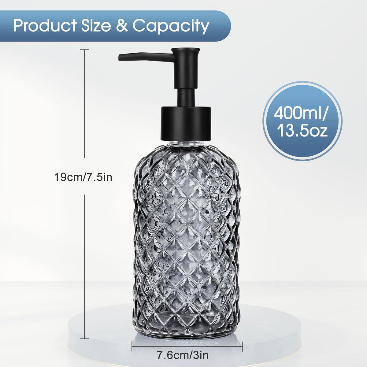 2 Pack Gem Glass Soap Dispenser with Black Plastic Pump, 13oz Liquid Hand Soap Dispenser, Rustproof Pump for Kitchen & Bathroom, Great for Lotions, Essential Oil, Liquid Soaps-Gray
