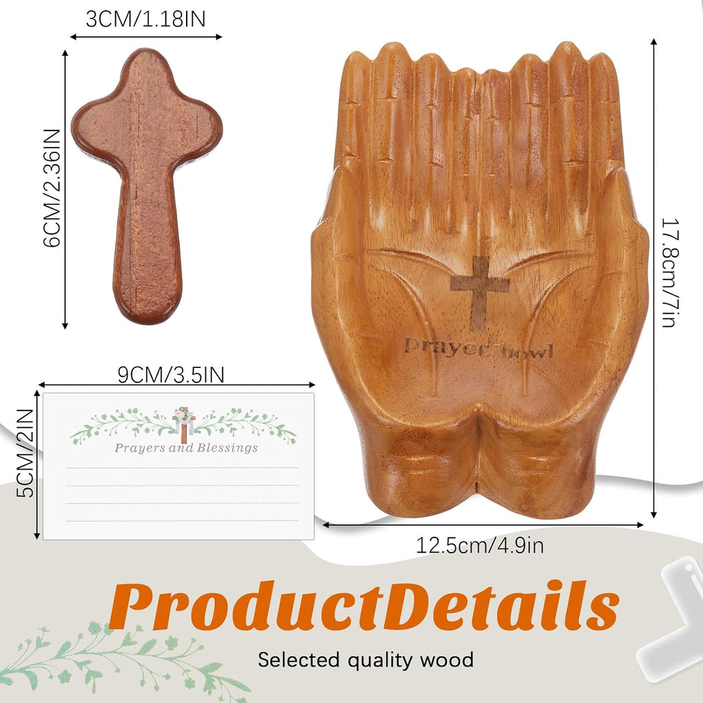 LemonRoad 36 Pcs Prayer Bowl Set Christian Gifts Wooden Prayer Bowl with 5 Wood Hand Held Crosses 30 Printed Cards Religious Gift for Mom Dad Birthday Retirement Home Table Decor(Hands Shaped)