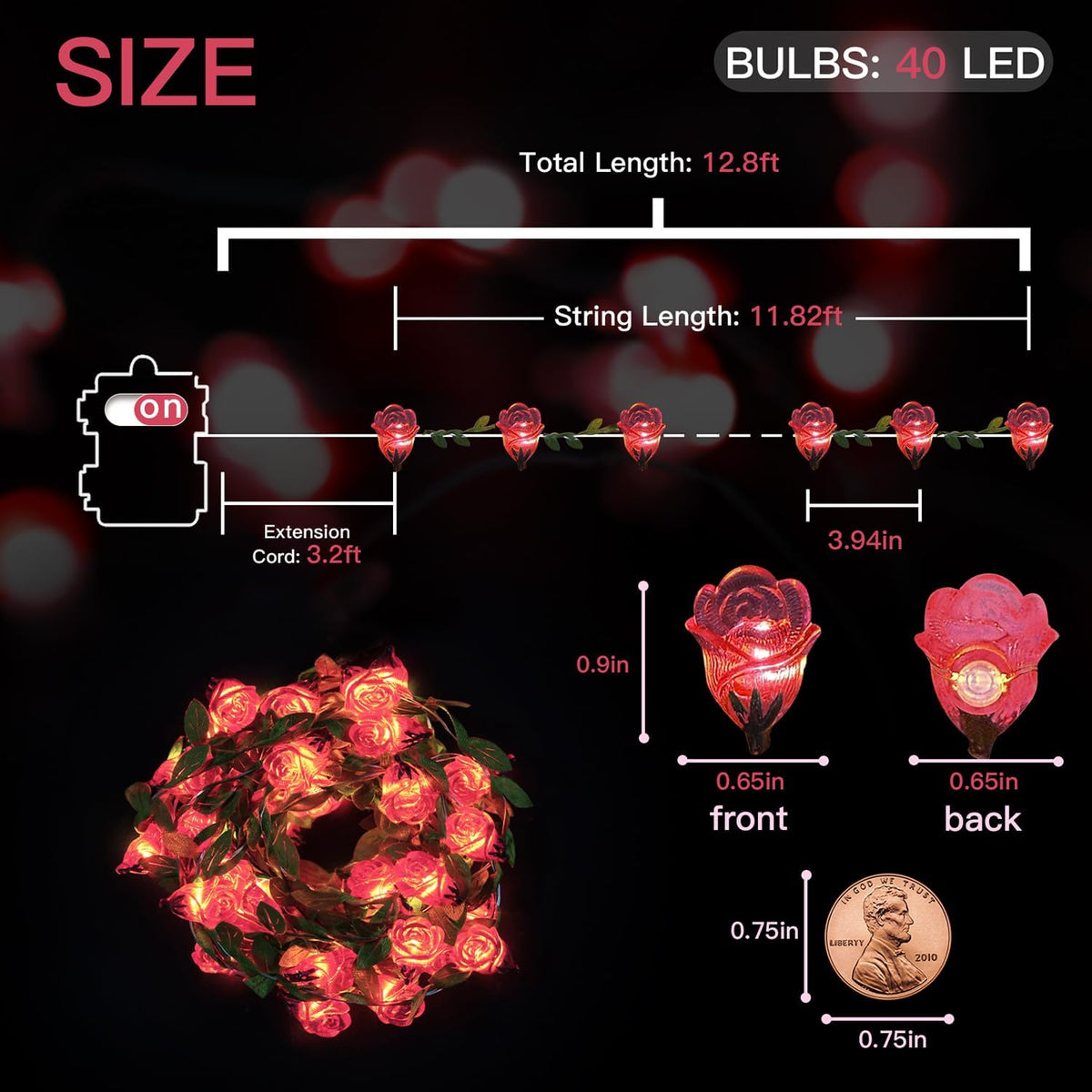 suddus 12.5FT Pink Rose Flower String Lights Battery Powered with Remote