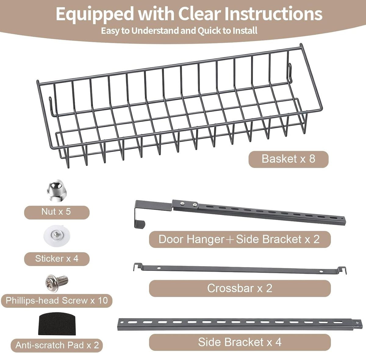 ElegantArray 8-Tier Pantry Door Organizer, Hanging Storage Basket Deep Gray