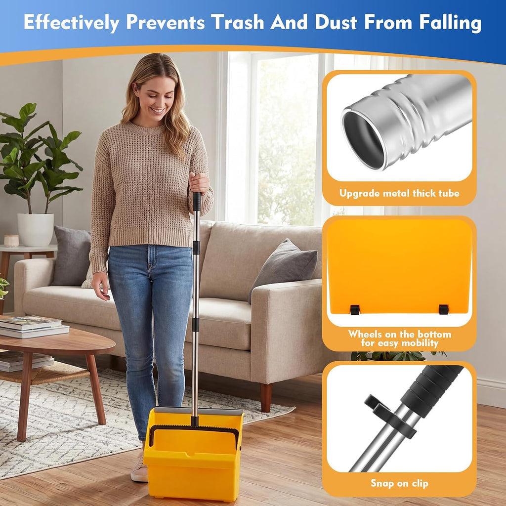 Didaey 3 Pcs Commercial Dustpan with Comb 38” Long Handle Upright Heavy Duty Dust Pan Outdoor Indoor for Courtyards Garages Lobby Mall Market Market Floors Office Pet Hair Rubbish Cleaning (Yellow)