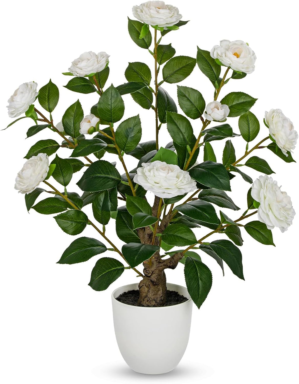 Hollyone White Artificial Camellia Tree 23.6" Flower Plants Artificial Tree Small Faux Camellia Plant in Pot Greenery Potted Plant for Indoor Outdoor Porch Front Door Office Home Decor