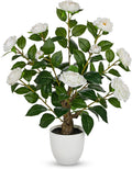Hollyone White Artificial Camellia Tree 23.6" Flower Plants Artificial Tree Small Faux Camellia Plant in Pot Greenery Potted Plant for Indoor Outdoor Porch Front Door Office Home Decor