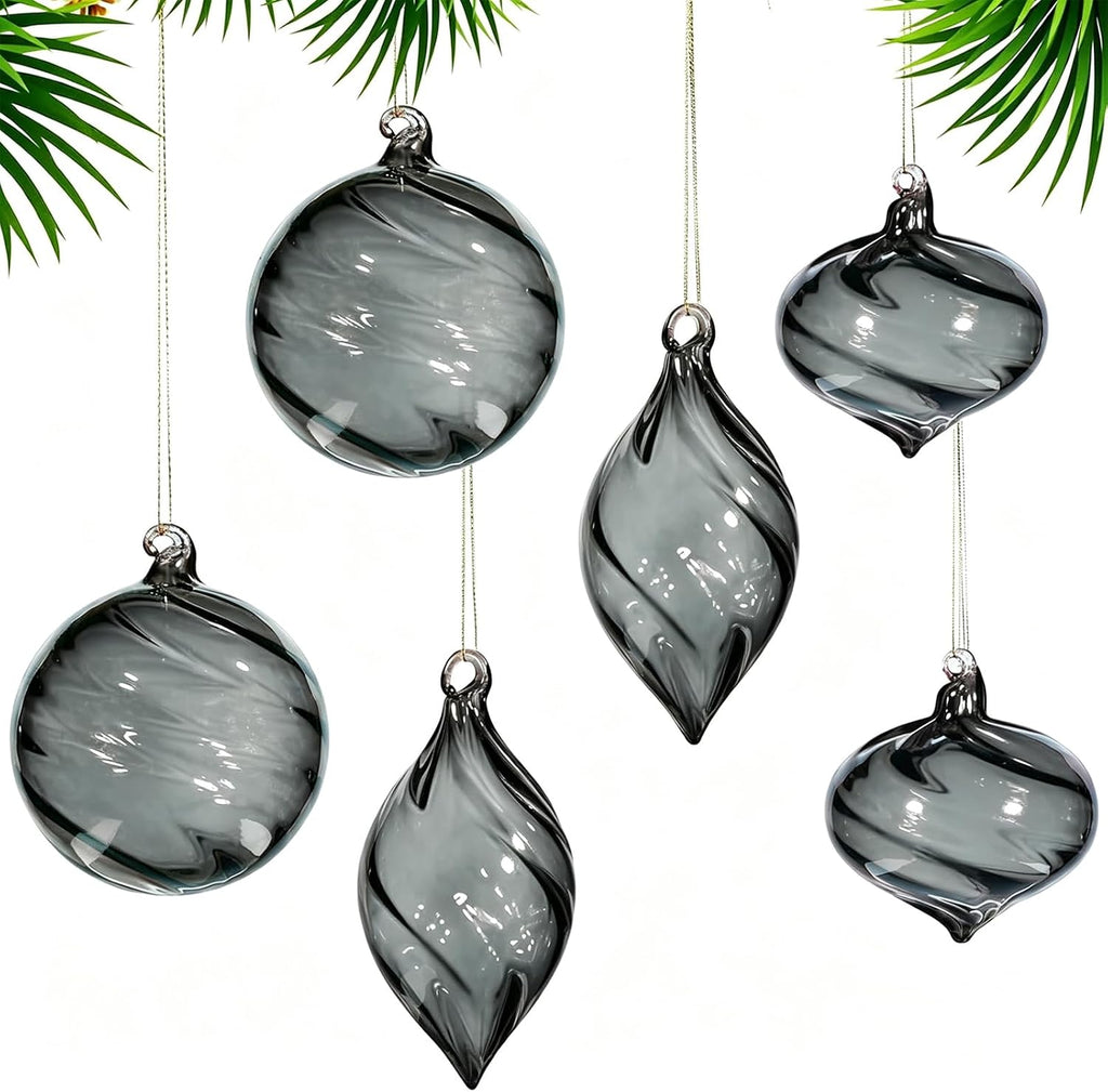 6 PCS Glass Christmas Ball Ornaments, Hand Blown Ornaments Hanging Balls,Glass Xmas Tree Home Wedding Birthday Party Holiday Decorative Set (Gray)