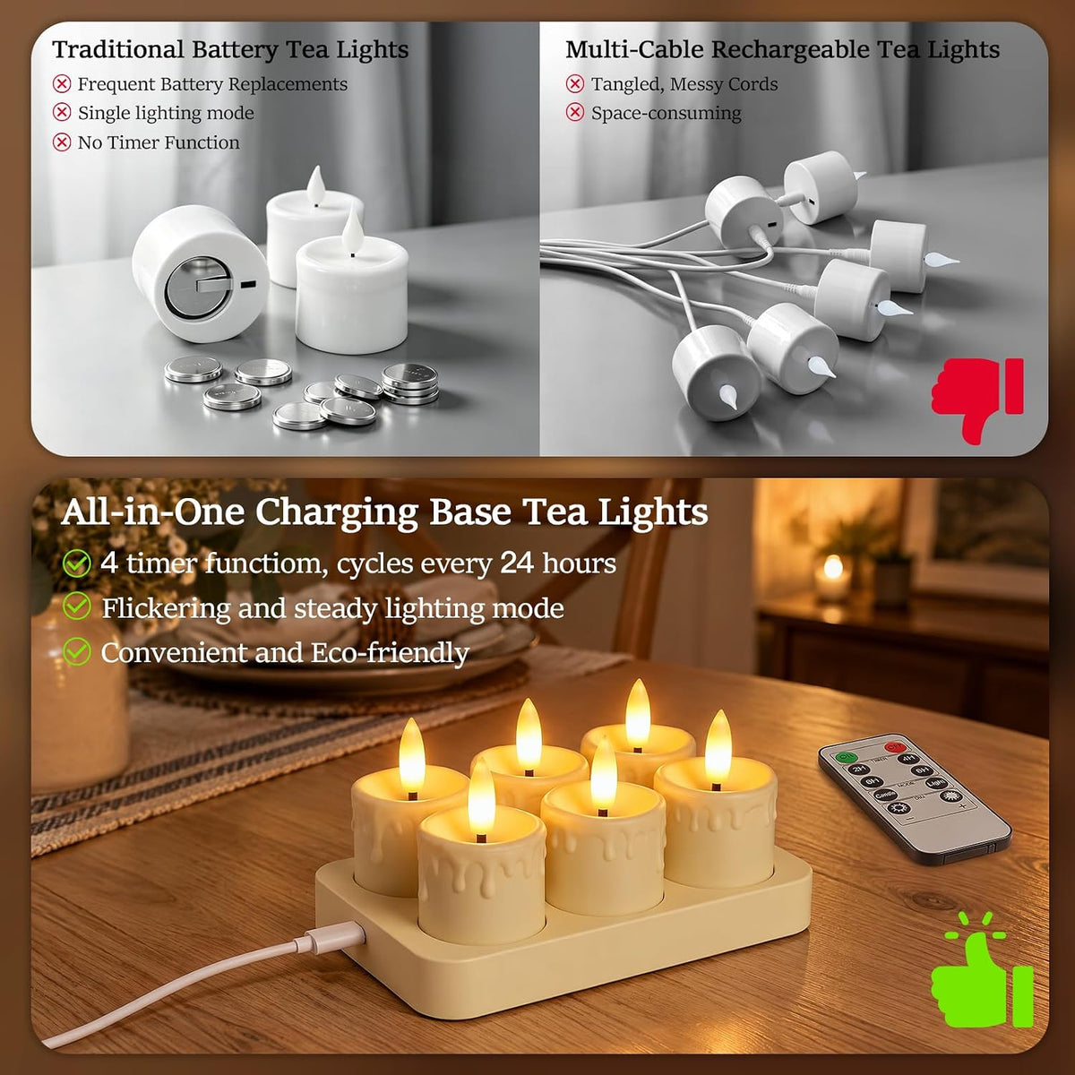 Kimjo Rechargeable Flameless Tea Lights Candles with Charging Base, 6 Pack