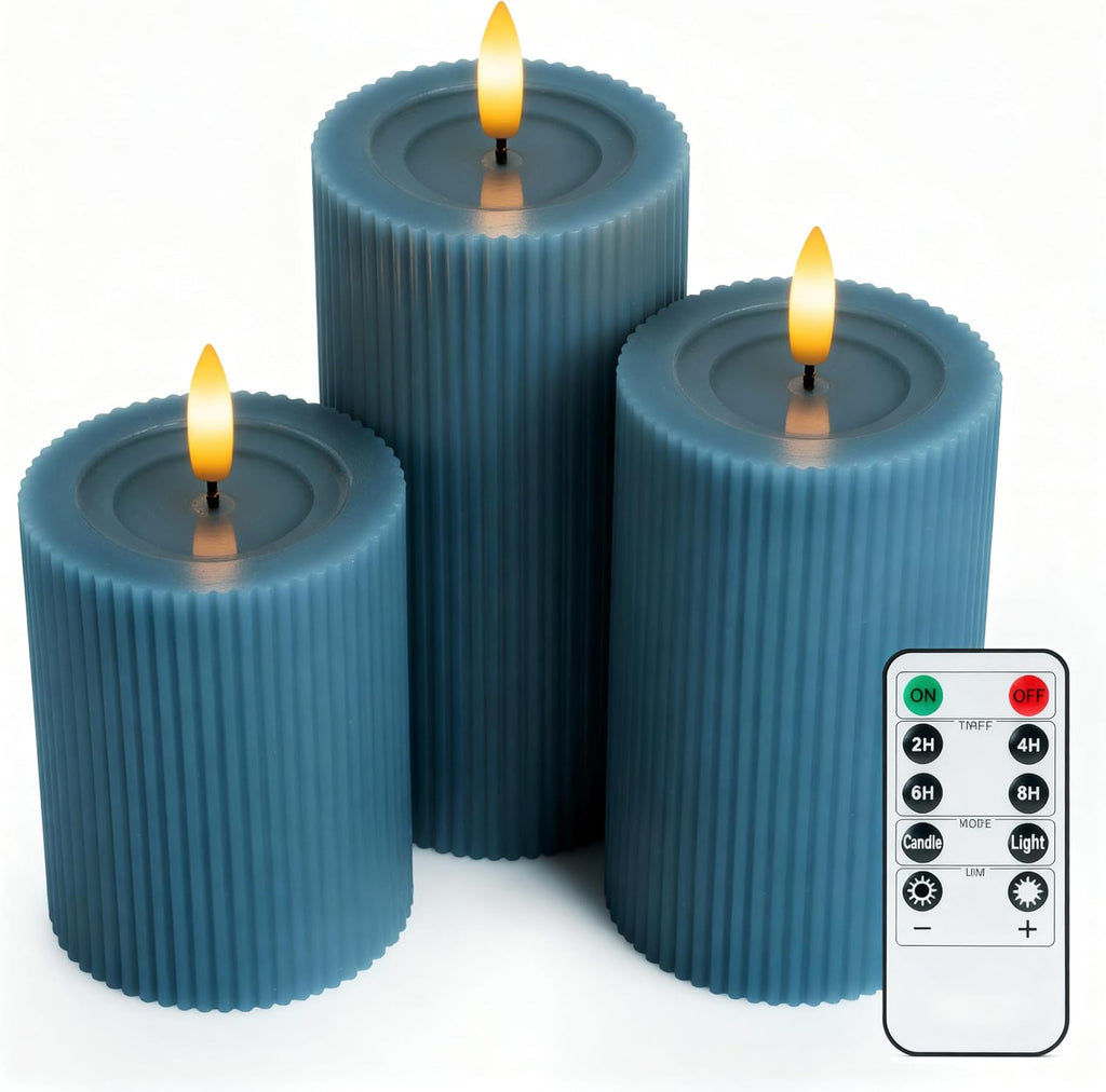 Fluted Ribbed LED Pillar Candles, Blue, with Realistic Reflective Melted-Wax Effect – Flickering Flame, Remote, Dimmable, Flameless, Battery Operated, Home & Wedding Decor (Set of 3)