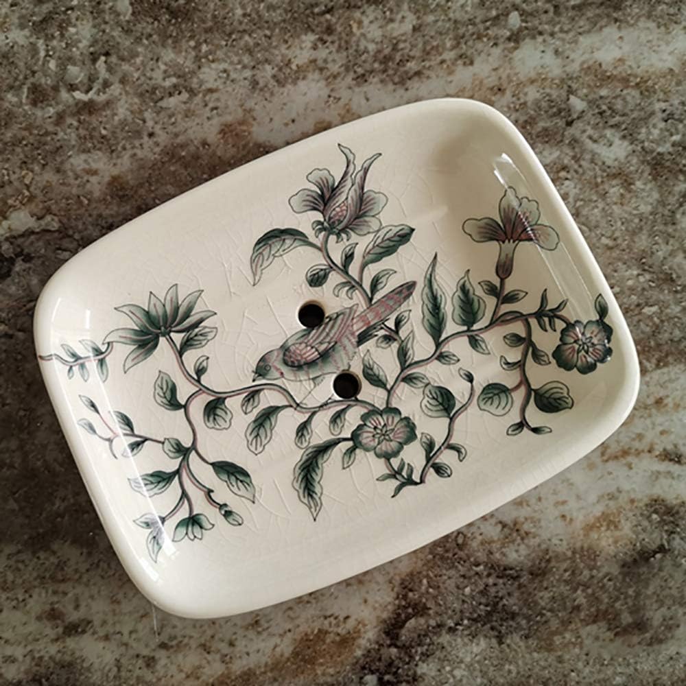Kelake Ceramic Soap Dish, Ice Crack Ceramic Bird and Flower Pattern Soap Dish Holder for Bathroom, Creative Porcelain Shower Soap Tray Box Bath Accessories with Two Drain Holes