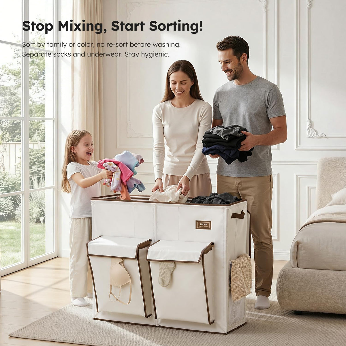SOLEDI 220L Laundry Hamper 3 Section with Lid and 2 Side Pockets