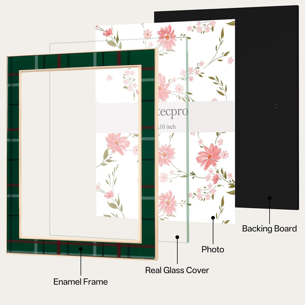eletecpro Christmas Enamel Picture Frame Glass Cover Green Plaid 8x10