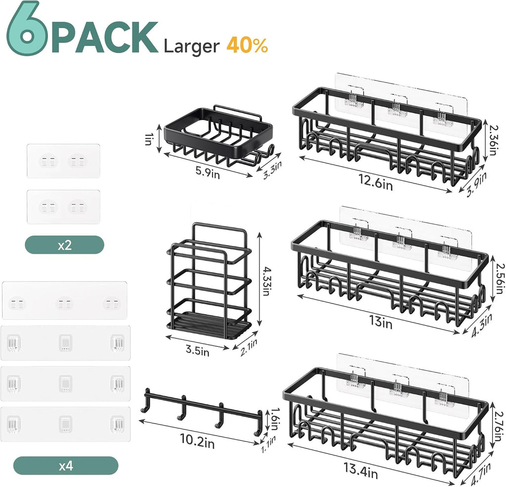 Veken Shower Caddy 6-Pack with Hooks, Bathroom Organizers & Storage, Black