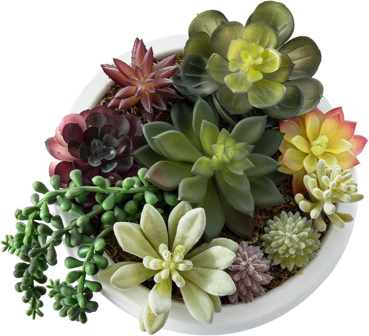 MyGift 8 Inch Round Modern Artificial Succulent Arrangement Potted in White Concrete Plant Bowl, Assorted Faux Mini Succulents in a Decorative Planter Pot