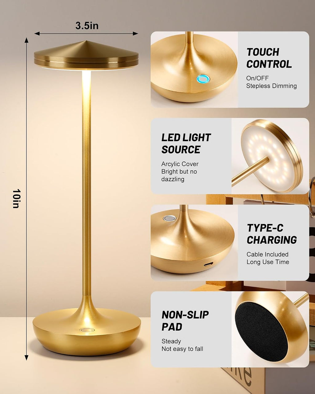 2pack LED Rechargeable Portable Cordless Table Lamp (2pack Gold)