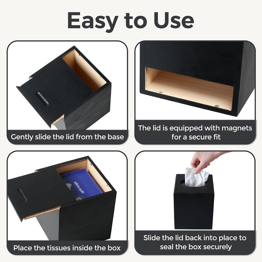 Black Wood Tissue Box Cover, Square Wooden Tissue Box Holder for Bathroom