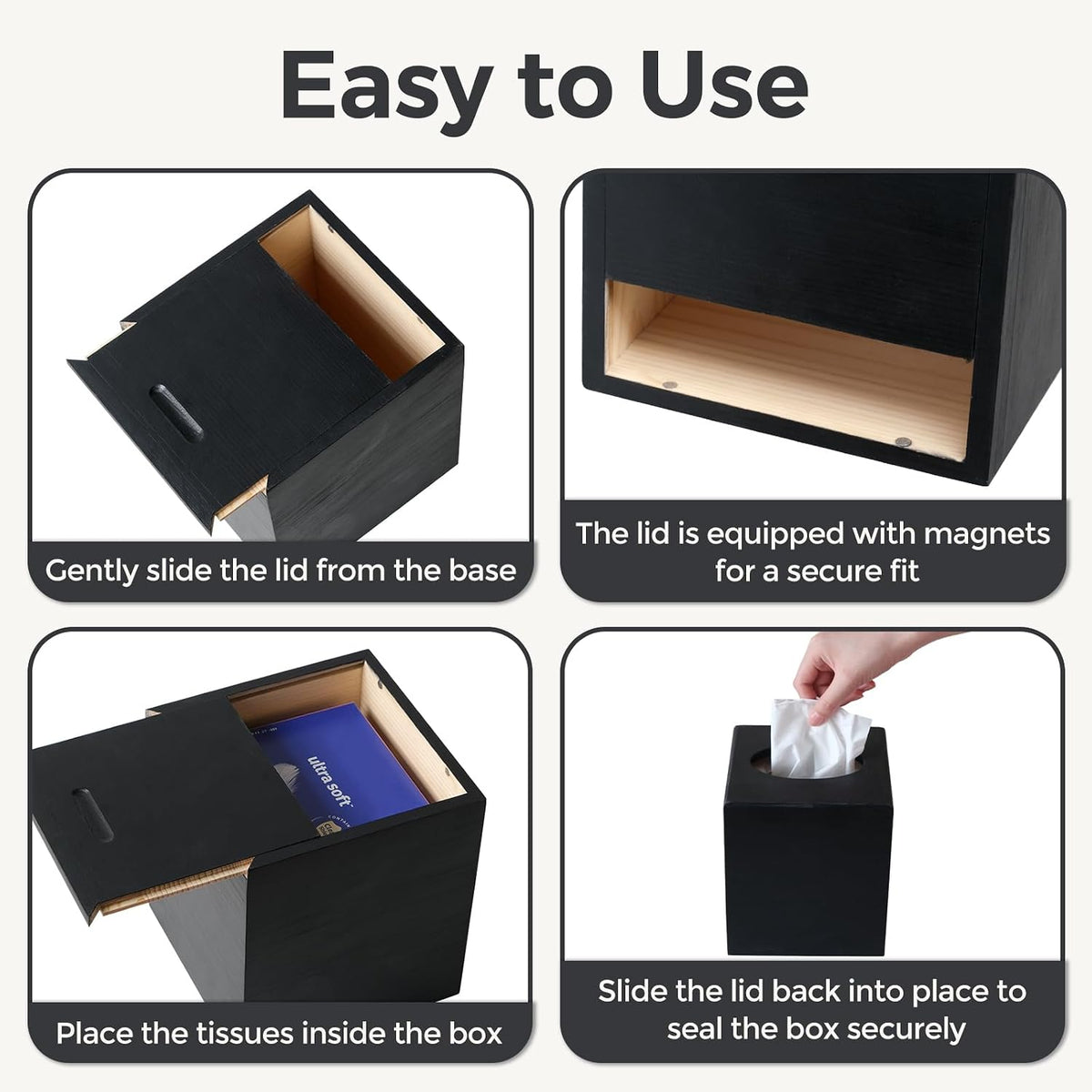 Black Wood Tissue Box Cover, Square Wooden Tissue Box Holder for Bathroom