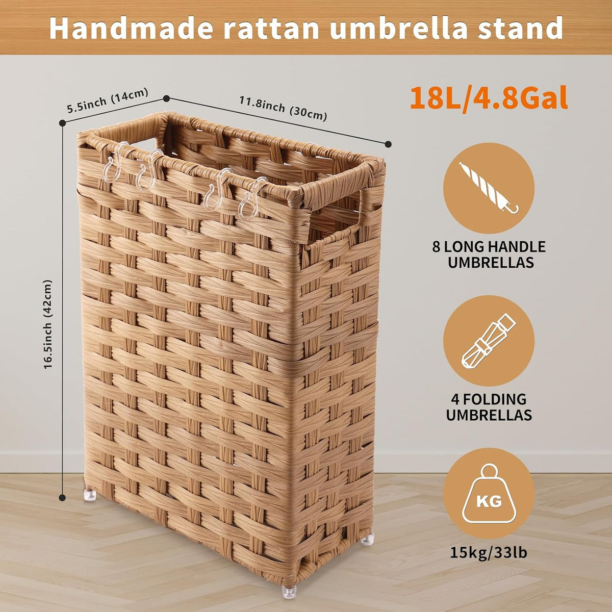 Rattan Umbrella Stand, Umbrella Holder for Entryway, Hand Woven Umbrella Rack Organizer Freestanding, with a Detachable Drip Tray, 4 Hooks, 11.8" L x 5.5" W x 16.5" H, Natural