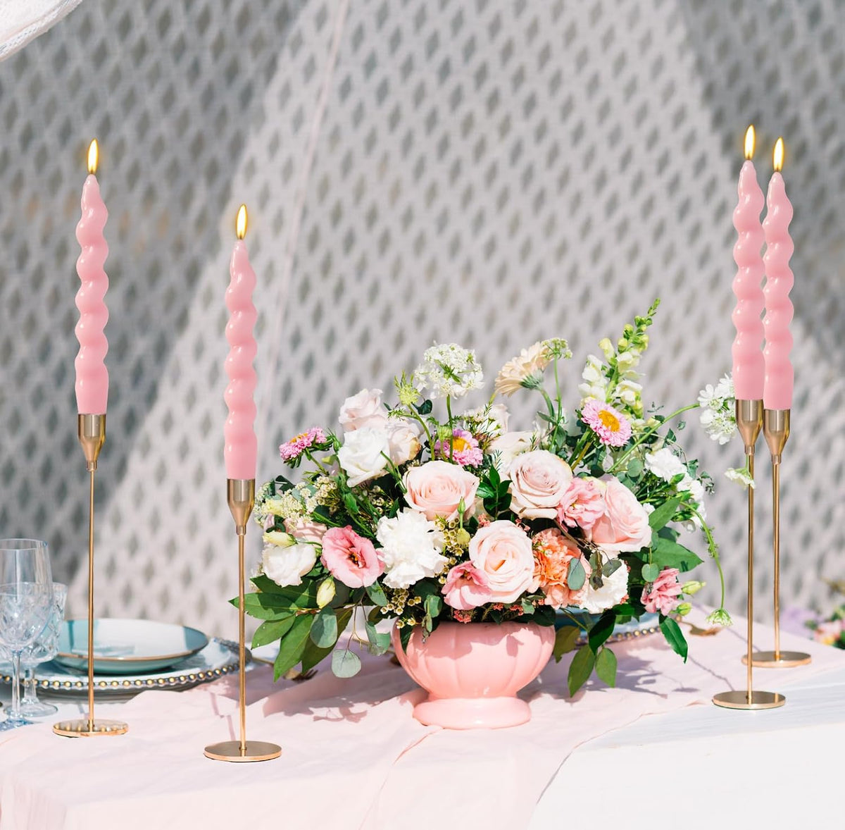 4 Pack 7 Inch Baby-Pink Spiral Taper Candles, Unscented Dripless Fat Twisted Candlesticks for Home Décor Party Wedding and Celebrations