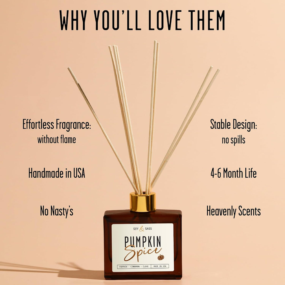 Pumpkin Spice Reed Diffuser, Fall Reed Diffuser Set - Infused w/Essential Oils I Pumpkin Diffuser I Stick Oil Reed Diffusers for Home, 5.75 OZ, Scent Lasts 4-6 Month's, Made in The USA