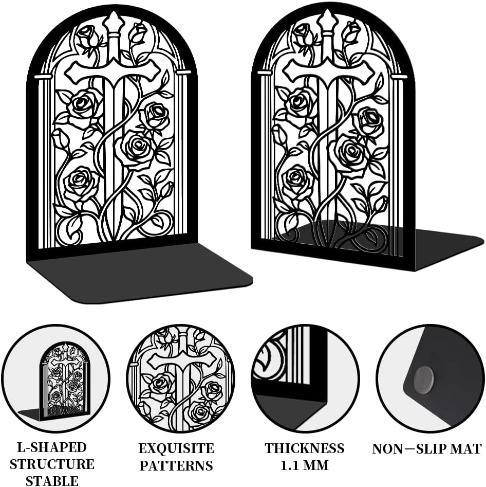 Bookends for Shelves, 2 Pcs Rose Flower Sword Design Book Ends Metal Decorative Bookends for Home Office and Library, Black