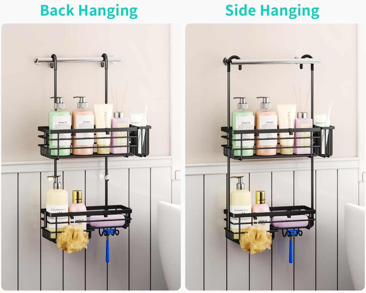 HapiRm Hanging Shower Caddy – For Renters & Small Bathrooms, Fits Shower Curtain Rods, No Drilling, 2 Rustproof 304 Shelves, 4 Hooks, and a Detachable Toothbrush Holder You Can Rinse - Black
